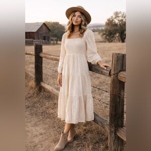 August Sky Cream Smocked Square Neck Long Sleeve Midi Dress Size Small